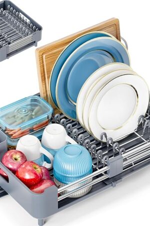 Dish Drying Rack - Extendable Dish Racks for Kitchen Counter, Drying Rack for Kitchen with Drainboard, Collapsible Sink Drainer with Cutlery Holder, Home and Appartment Decor, Gray