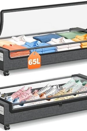 Yecaye Under Bed Storage with Wheels 2 Pack, 65L Large Capacity Under Bed Storage Containers with Metal Frame & Clear Lid, Rolling Underbed Organizer Bins Drawers for Clothes, Shoes, Blankets, Grey