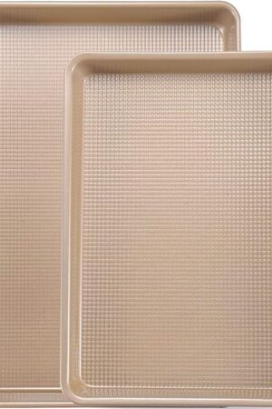 Cookie Sheets for Baking Nonstick, 2 Pack Heavy Duty 0.8mm Baking Sheet Pan Set Quarter(9x13in) & Jelly Roll(10x15in) with Diamond Texture, Gold Commercial Grade, Small Oven Safe