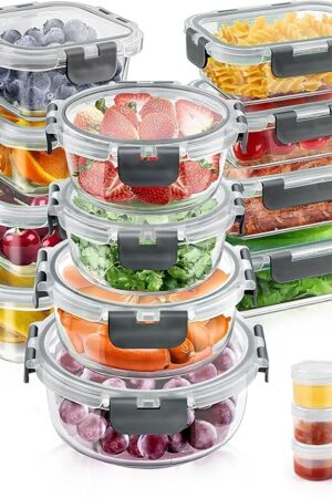 34pcs Glass Food Storage Containers with Lids Set, Airtight Glass Meal Prep Containers (17 Containers & 17 Lids), Leak Proof Lunch Containers BPA-Free, Microwave, Oven, Freezer, Dishwasher Safe-Grey