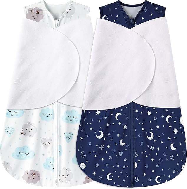 Newborn Sleep Sack Baby Swaddle,3-6 Months,3-Way Adjustable Wearable Blanket,100% Rayon Cotton Swaddling Sleeping Bag,TOG 0.5(Clouds&Starry Sky)