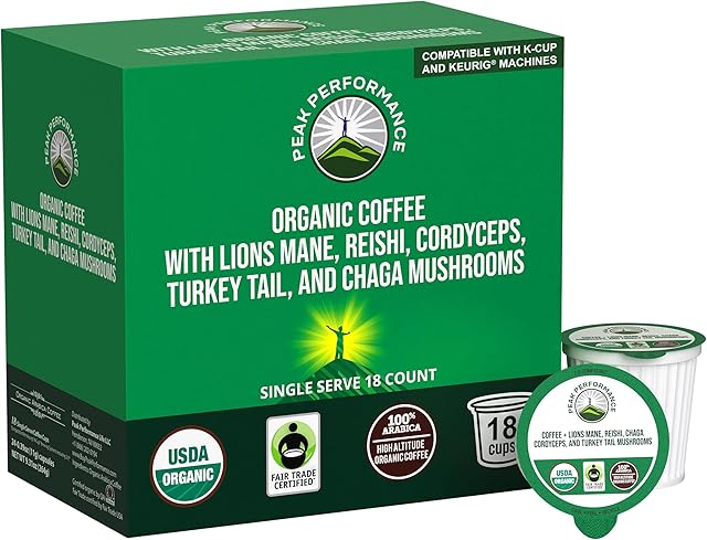 Organic Mushroom Coffee Pods with Lion's Mane, Reishi, Cordyceps, Turkey Tail, and Chaga Mushrooms. High Altitude, Low Acid, Smooth Tasting, Fair Trade, Instant Nootropic Coffee (Medium Roast Ground)