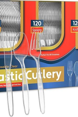 360 Count Plastic Silverware Set, 120 Clear Forks, 120 Spoons, 120 Knives, Heavy Duty BPA Free Disposable Plastic Cutlery Set, Premium Clear Plasticware for Party Supplies