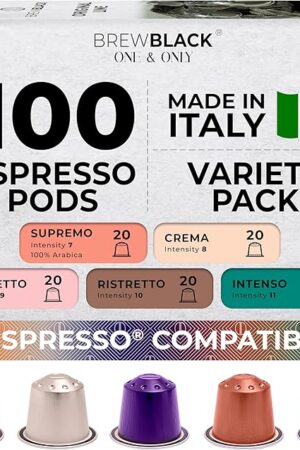 BrewBlack Variety Pack Coffee Capsules - 100 Aluminum Coffee Pods Compatible with Nespresso Original line, Medium and Dark Roast - Made in Italy