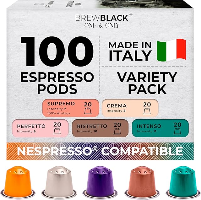 BrewBlack Variety Pack Coffee Capsules - 100 Aluminum Coffee Pods Compatible with Nespresso Original line, Medium and Dark Roast - Made in Italy