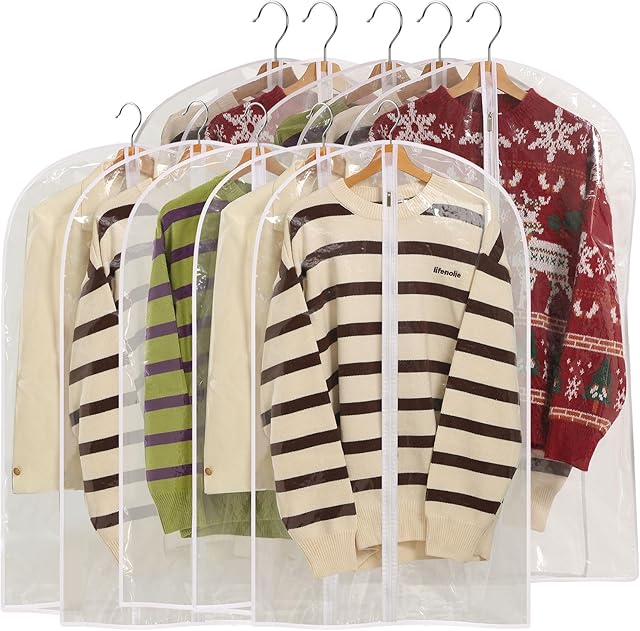 All Clear Garment Bags for Hanging Clothes, 40" Suit Bags for Closet Storage, Plastic Dustproof Suit Cover Bags, Clothes Protectors Bag with zipper for Coats, Jackets, Shirts(10 Packs)