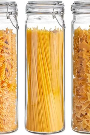ComSaf 60oz Airtight Glass Jars Set of 3 with Lids Food Storage Jar Round - Tall Spaghetti Container with Clear Preserving Seal Wire Clip Fastening, Pasta jar for Kitchen Canning, Nut,Oat, Dry Goods