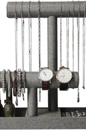 Coward 2 Tier Necklace Bracelet Holder Organizer with Ring Tray, Linen Jewelry Display Stand for Watch Scrunchie Lipstick, Perfumes,Nail polish (Gray Linen)