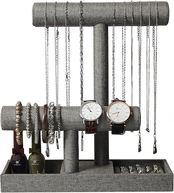 Coward 2 Tier Necklace Bracelet Holder Organizer with Ring Tray, Linen Jewelry Display Stand for Watch Scrunchie Lipstick, Perfumes,Nail polish (Gray Linen)