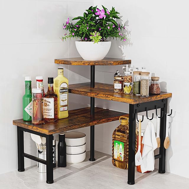 3 Tier Kitchen Countertop Organizer Corner Shelf Brown