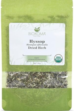 Biokoma Pure and Organic Hyssop Dried Herb 50g (1.76oz) in Resealable Moisture Proof Pouch, USDA Certified Organic - Herbal Tea, No Additives, No Preservatives, No GMO, Kosher