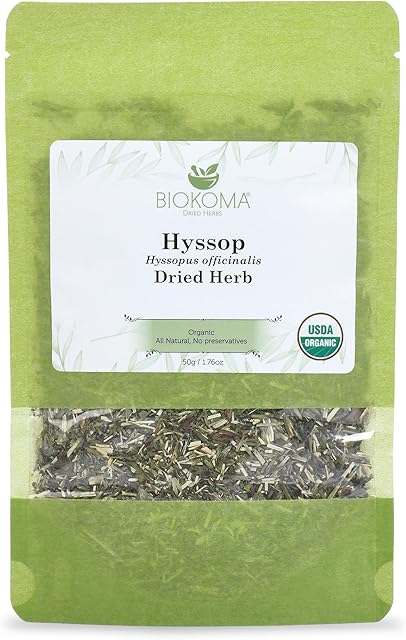 Biokoma Pure and Organic Hyssop Dried Herb 50g (1.76oz) in Resealable Moisture Proof Pouch, USDA Certified Organic - Herbal Tea, No Additives, No Preservatives, No GMO, Kosher