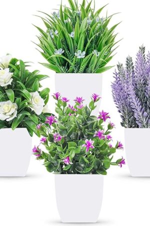 Der Rose 4 Pack Fake Plants Small Artificial Potted Faux Plants with Flowers for Home Bathroom Living Room Office Decor Indoor