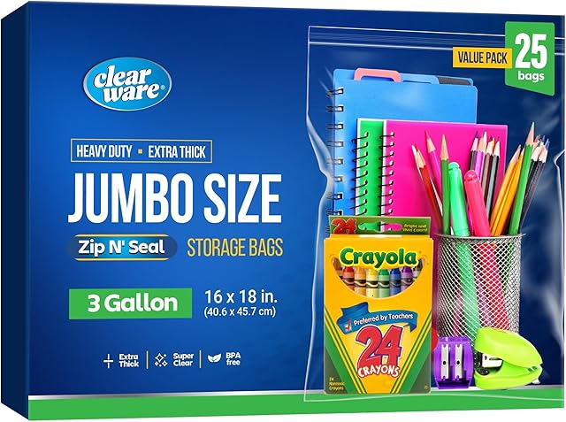25 Large Plastic Bags With Zipper Top - 3 Gallon, 16" x 18", Extra Large Storage Bags for Clothes, Travel, Moving, Reusable freezer bags, BPA-Free, 2-mil Thick