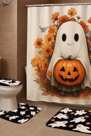 4 Pcs Halloween Shower Curtain Set for Bathroom Ghost Pumpkin Halloween Bathroom Curtain Include Ghost Shower Curtains Non Slip Rug Toilet Lid Cover U Shaped Bath Mat and 12 Hooks for Home