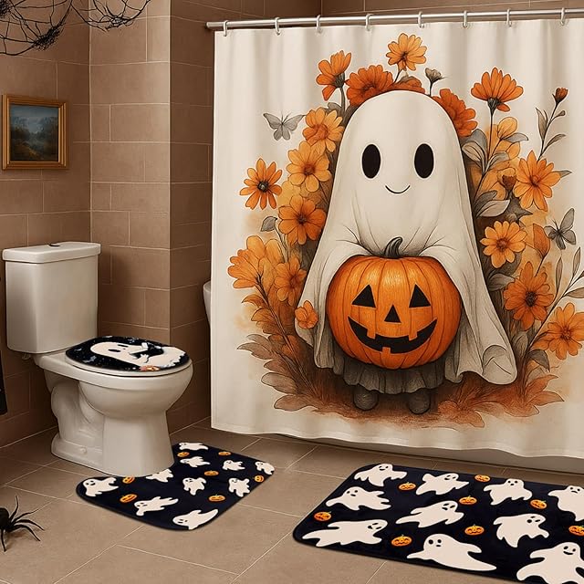 4 Pcs Halloween Shower Curtain Set for Bathroom Ghost Pumpkin Halloween Bathroom Curtain Include Ghost Shower Curtains Non Slip Rug Toilet Lid Cover U Shaped Bath Mat and 12 Hooks for Home