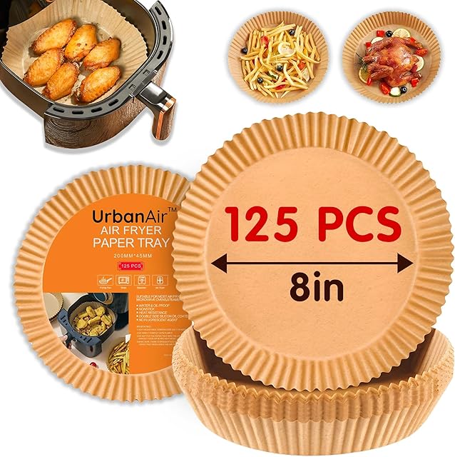 8-Inch Round Air Fryer 125pcs Paper Liners for Easy Cleanup - Non-Stick, Heat-Resistant, and Perfect Fit for Hassle-Free Cooking | Bleach-Free Parchment| (8 in/20cm 125pcs)