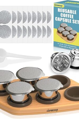 CAPMESSO Reusable Capsules for Nespresso OriginalLine, 6pcs Nespresso Refillable Pods Stainless Steel Coffee Pods Compatible with Nespresso Originaline Machine(6 Pods+100 Lids+ Wood Storage Tray)