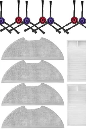 18 Pack E10s Accessories Kit Replacement Compatible with Eureka E10S / E20 Plus Robot Vacuum Cleaner, 1 Main Roller Brushes, 8 Side Brushes, 4 Hepa Filters, 4 Mop Pads,1 Cleaning Brush