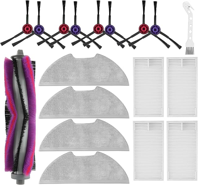 18 Pack E10s Accessories Kit Replacement Compatible with Eureka E10S / E20 Plus Robot Vacuum Cleaner, 1 Main Roller Brushes, 8 Side Brushes, 4 Hepa Filters, 4 Mop Pads,1 Cleaning Brush