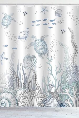 Coastal Turtle Shower Curtain Fish Coral Starfish Seashell Blue Ocean Beach Shower Curtains for Bathroom Waterproof Polyester Fabric Bathroom Curtain 72 x 72 Inch with 12 Hooks