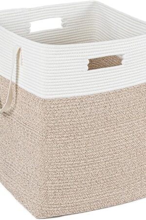 ZLG 78L Laundry Hamper, Tall Clothes Laundry Basket, Large Blanket Basket in Living Room, Rope Storage Basket with Handles, Rectangle Laundry Storage Bins, White & Brown, 20 x 16 x 15 inches
