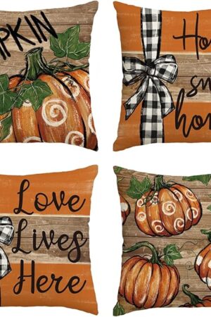 AVOIN colorlife Fall Pumpkin Home Sweet Home Thanksgiving Throw Pillow Covers, 18 x 18 Inch Love Lives Here Autumn Harvest Stripes Polka Dots Give Thanks Decorations for Sofa Couch Set of 4