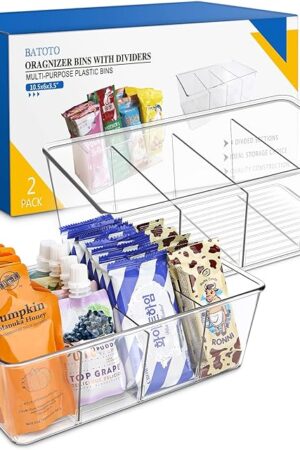 Batoto Pantry Organization and Storage Bins, Refrigerator Organizer Bins – Clear, Kitchen Organization and Storage with Dividers (2 Pack)