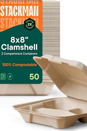 100% Compostable Clamshell Take Out Food Containers [8X8" 3-Compartment 50-Pack] Heavy-Duty Quality to go Containers, Natural Disposable Bagasse, Eco-Friendly Biodegradable Made of Sugar Cane Fibers