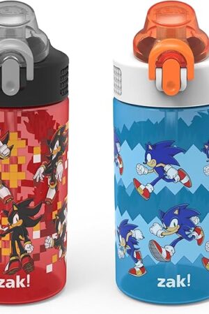 Zak Designs Sonic the Hedgehog Sage Kids Water Bottle For School or Travel, 16oz Durable Plastic Water Bottle With Straw, Handle, and Leak-Proof, Pop-Up Spout Cover, 2-Pack Set (Sonic & Shadow)