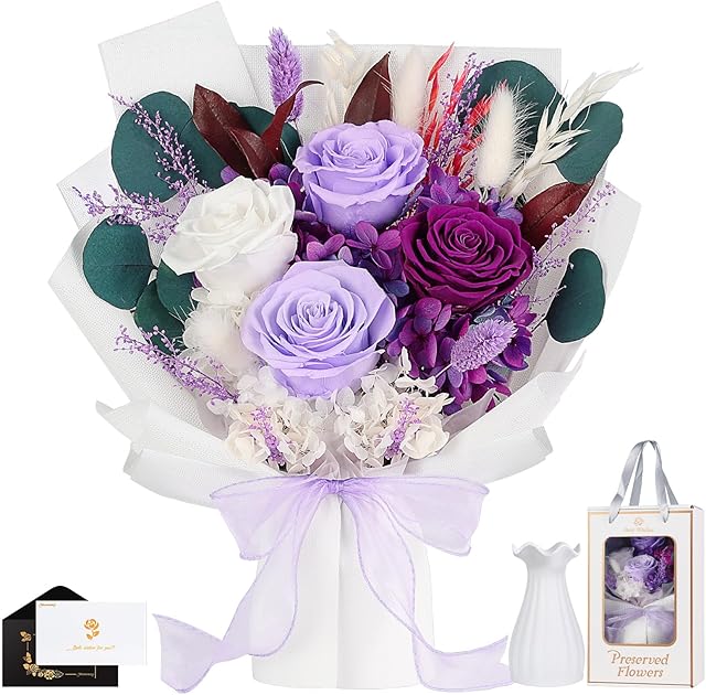 Preserved Flowers Bouquet 4 Roses - Purple Roses & Flowers for Delivery, Long-Lasting Real Roses Forever, Eternal Roses Bouquet for Mothers, Mom, Wife Anniversary Birthday Gifts for Women