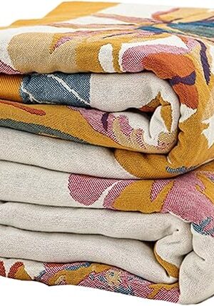 Boho Throw Blanket for Bed 60?x80?, 100% Cotton Woven Blanket for Couch Sofa, Ultra Soft 4-Layer Muslin Quilt with Floral Printed, Farmhouse Bed Blanket/Cover for Living Room Decor