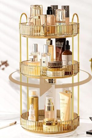 360 Rotating Makeup Organizer for Vanity, Bathroom Countertop Spinning Perfume Organizer, High-Capacity Cosmetic and Skincare Dresser Make Up Holder Rack (3 Tiers, Yellow)