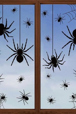 9 Sheets Halloween Window Clings Extra Large Black Spider Window Decals Scary Spider Web Silhouette Windows Stickers Double Sided Windows Clings for Halloween Home School Office Glass Party Decor