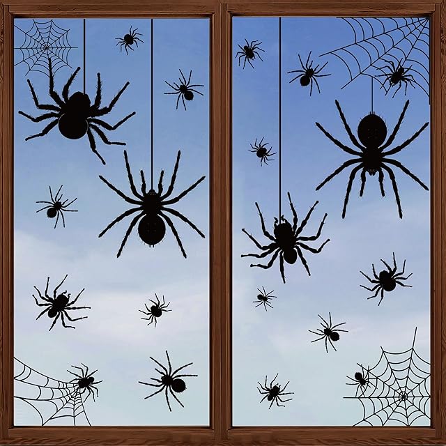 9 Sheets Halloween Window Clings Extra Large Black Spider Window Decals Scary Spider Web Silhouette Windows Stickers Double Sided Windows Clings for Halloween Home School Office Glass Party Decor
