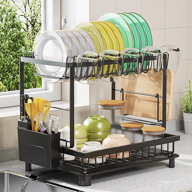 Multifunctional Dish Drying Rack - Rustproof, 2-Tier Dish Racks with Drainboard, Space-Saving Design, Utensil & Cup Holder for Kitchen Counter, Black