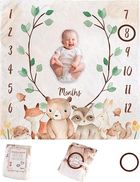 Monthly Baby Milestone Blanket 47"x47" Premium Fleece Woodland Nursery Animals
