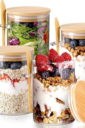 DWTS DANWEITESI Overnight Oats Containers with Lids,16oz Overnight Oats Jars 4 Pack, Oatmeal Cups,Glass Meal Prep Containers with Lids
