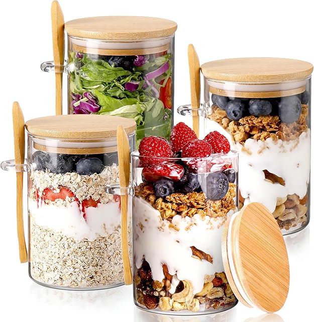 DWTS DANWEITESI Overnight Oats Containers with Lids,16oz Overnight Oats Jars 4 Pack, Oatmeal Cups,Glass Meal Prep Containers with Lids