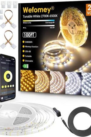 White LED Strip Lights, Upgraded 100ft Dimmable 2700K-6500K Bright 24V LED Light Strip with Remote and App Control, 1440 LEDs Flexible Tape Lights for Living Room, Bedroom, Kitchen, Ceiling