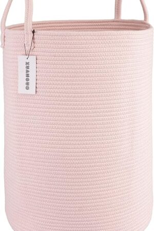 Cotton Rope Laundry Basket Hamper for Clothes Woven Storage Basket for Living Room Bedroom Boho Tall Rope Baskets for Blanket Toys Pillow Towels Baby Nursery Hamper Bin Large light pink