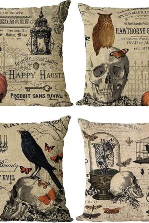 YeeJu Set of 4 Halloween Decorative Throw Pillow Covers Square Cotton Linen Cushion Covers Outdoor Couch Sofa Home Pillow Cases 18x18 Inch