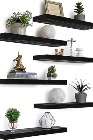 Black Wood Floating Shelves for Wall Rustic Wall Shelves for Bedroom Set of 6