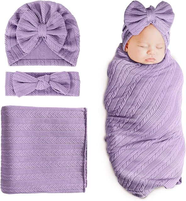 DRESHOW BQUBO Newborn Receiving Blanket Toddler Warm for Girls with Bow Hat and Bow Headband Shower Gift