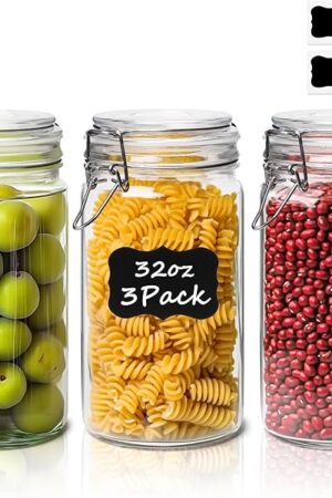 ComSaf Glass Jars with Airtight Lid Set of 3, Mason Jars 32 oz, Pickling Jar, Canning Jar 32oz, 32 oz Glass Containers with Lids for Kitchen, Pickle, Flour, Cereal, Pasta, Sugar, Herb
