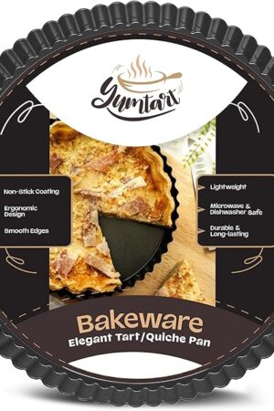 9 Inch Tart Pan with Removable Bottom โ Non-Stick Deep Fluted Quiche and Pie Pan, Carbon Steel Loose Bottom Tart Pan, 9.5 Inch Top / 9 Inch Base, 1.1 Inch Deep Baking Pan