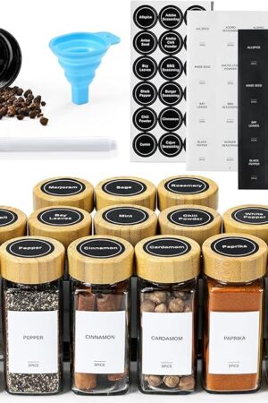 AOZITA 14 Pcs Spice Jars with Bamboo Lids - 4oz Square Spice Bottles with Spice Labels, Shaker Lids, Funnel