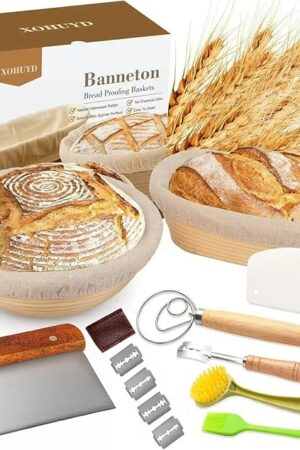 Banneton Proofing Basket Set, 9" Round and 10" Oval Sourdough Bread Baking Supplies, Sourdough Baskets with Bread Lame, Danish Whish, Bowl Scraper, Sourdough Scraper, Complete Sourdough Starter Kit