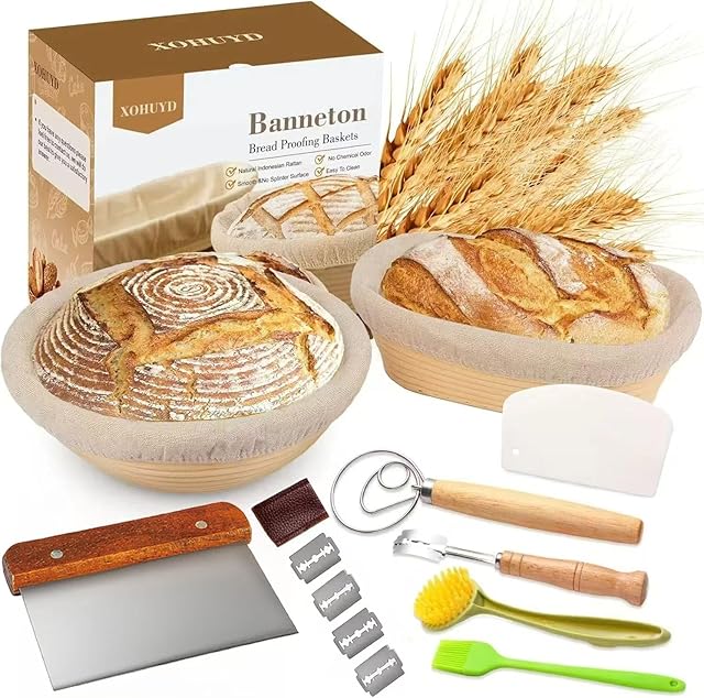 Banneton Proofing Basket Set, 9" Round and 10" Oval Sourdough Bread Baking Supplies, Sourdough Baskets with Bread Lame, Danish Whish, Bowl Scraper, Sourdough Scraper, Complete Sourdough Starter Kit