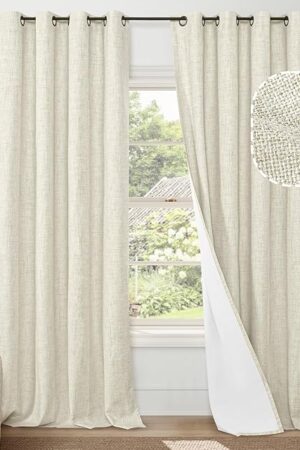 Blackout Curtains for Bedroom - Linen Black Out Curtains 84 Inch Long Thermal Insulated Burlap Grommet Window Drapes for Farmhouse Living Room Darkening, 2 Panels, Each 52" Wide, Natural Cream
